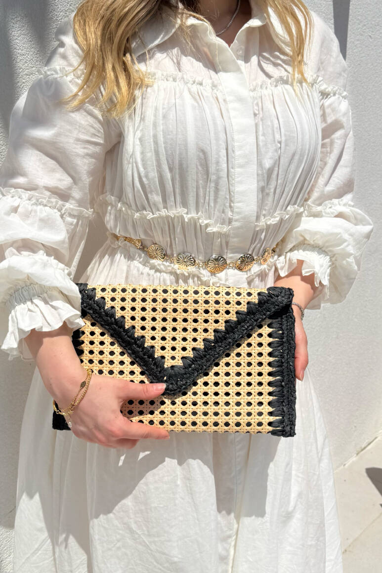 Sole Hasır Clutch Çanta Siyah - 9