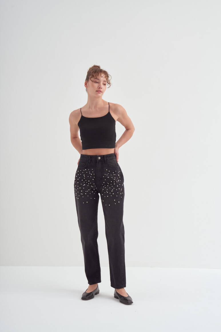 Taş İşlemeli Mom Fit Pantolon Siyah - 9